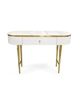 CONSOLA Anne with drawer, on golden metal legs, white fluted body, modern style 120 cm