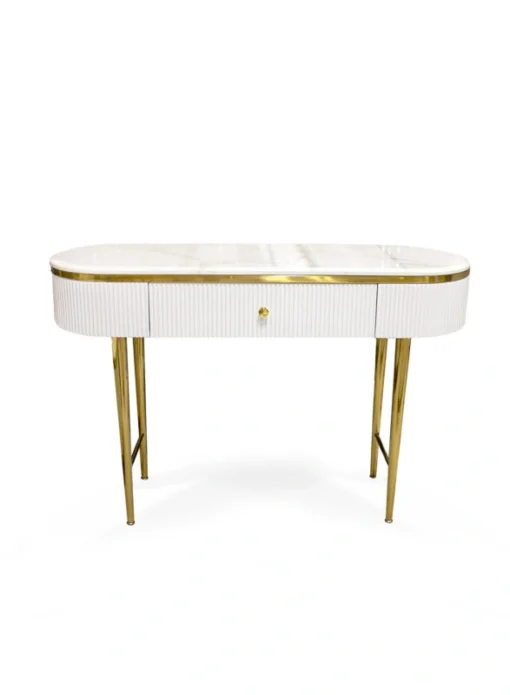 CONSOLA Anne with drawer, on golden metal legs, white fluted body, modern style 120 cm