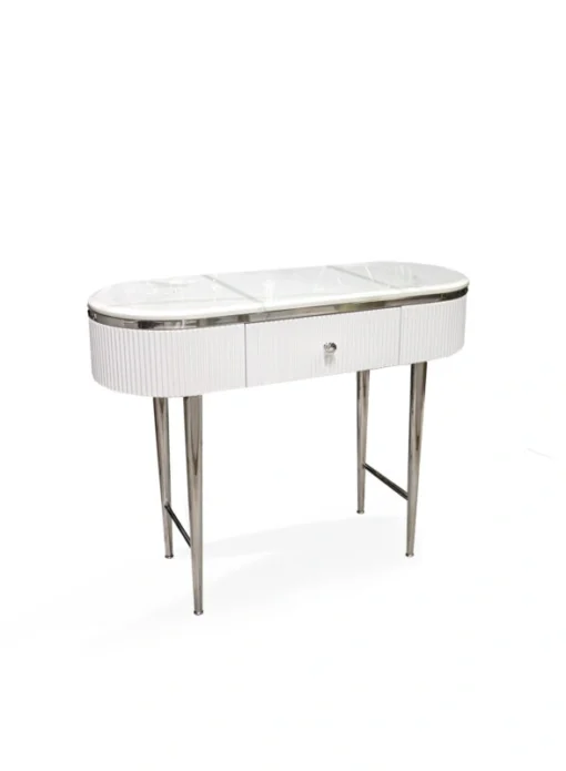 CONSOLA with drawer, on silver metal legs, white fluted body, modern 120 cm