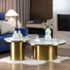 LUMIERE double coffee bench, stone sinter, gold base, round, brushed finish