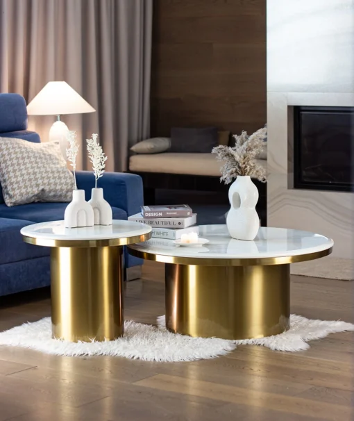 LUMIERE double coffee bench, stone sinter, gold base, round, brushed finish