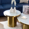 LUMIERE double coffee bench, stone sinter, gold base, round, brushed finish, exclusive