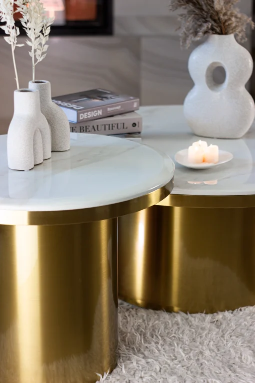 LUMIERE double coffee bench, stone sinter, gold base, round, brushed finish, unique