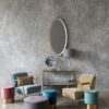 PUFA round, aluminum gold base, velour blue seat, modern style, unique