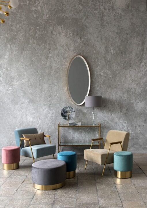 PUFA round, aluminum gold base, velour blue seat, modern style, unique