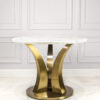 Dining table round white sintered top, gold designer base, modern