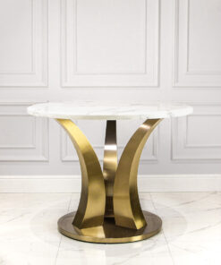 Dining table round white sintered top, gold designer base, modern