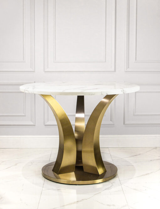 Dining table round white sintered top, gold designer base, modern