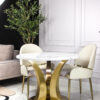 Dining table round white sintered top, gold designer base, modern, beautiful