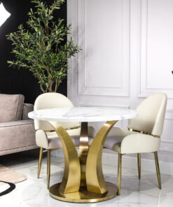 Dining table round white sintered top, gold designer base, modern, beautiful