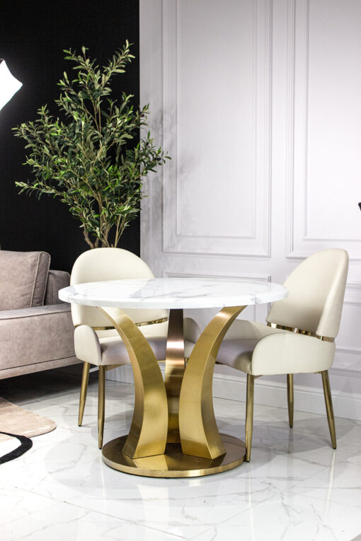 Dining table round white sintered top, gold designer base, modern, beautiful