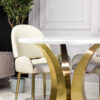 Dining table round white sintered top, gold designer base, modern, unique