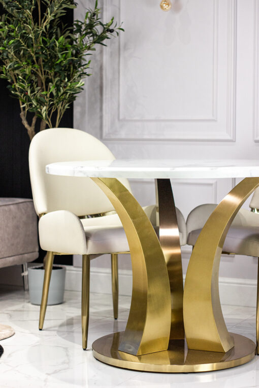 Dining table round white sintered top, gold designer base, modern, unique