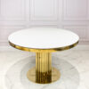 Round dining table on gold designer base, white imitation marble top, glamour