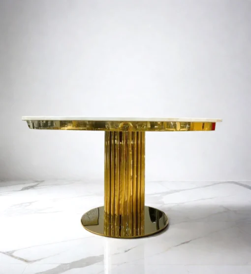 Round dining table on gold designer base, white imitation marble top, glamour