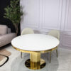 Round dining table on gold designer base, white top imitating marble, glamour, unique