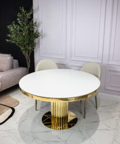 Round dining table on gold designer base, white top imitating marble, glamour, unique