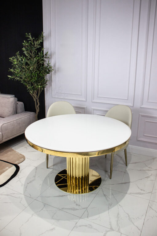 Round dining table on gold designer base, white top imitating marble, glamour, unique