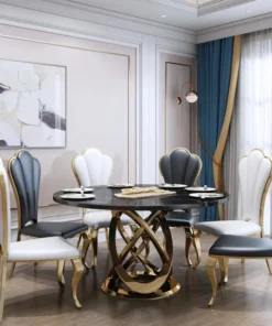 Dining table round, on gold metal base, black imitation marble top, modern