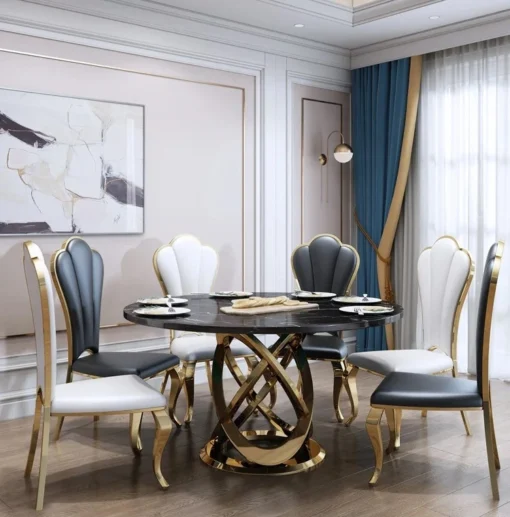 Dining table round, on gold metal base, black imitation marble top, modern