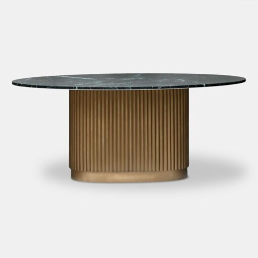 Oval Dining Table, green natural marble, fluted brass base, designer, beautiful
