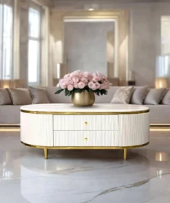 Anne coffee table with fluted white body, gold metal accessories, sintered top