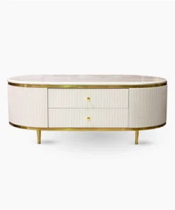 Anne coffee table with fluted white body, gold metal accessories, sintered top, elegant