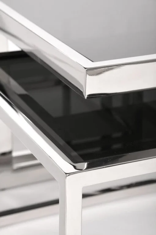 Coffee TABLE square, futuristic silver base, black glass top, modern style, design