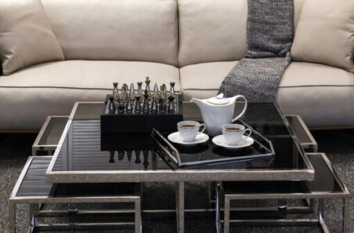 Coffee TABLE square, futuristic silver base, black glass top, modern style, unique