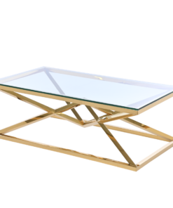 Coffee TABLE on gold decorative frame, transparent top, New York glamour