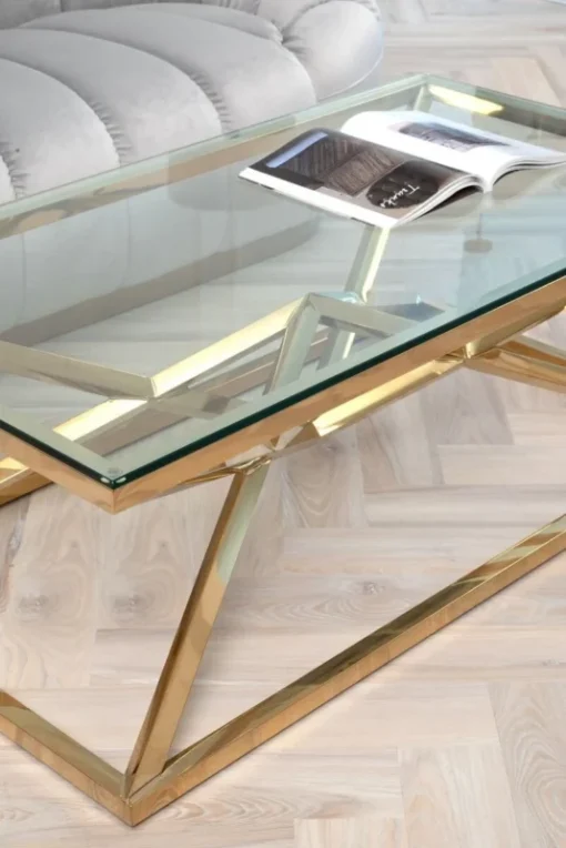 Coffee TABLE on gold decorative frame, transparent top, New York glamour, for living room