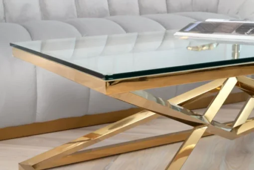 Coffee TABLE on gold decorative frame, transparent top, New York glamour, exclusive
