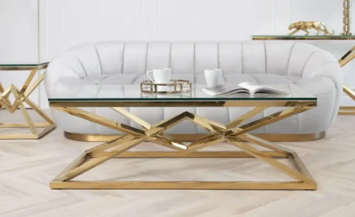 Coffee TABLE on gold decorative frame, transparent top, New York glamour, elegant