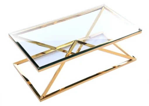 Coffee TABLE on gold decorative frame, transparent top, New York glamour, top quality