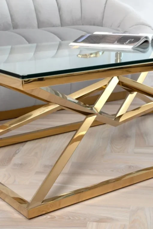 Coffee TABLE on gold decorative frame, transparent top, New York glamour, unique