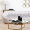 Coffee TABLE on gold frame, high gloss, transparent glass top, New York glamour