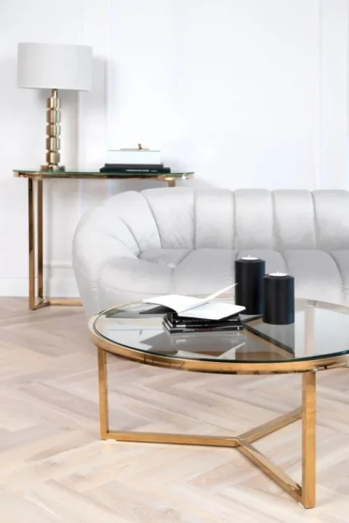 Coffee TABLE on gold frame, high gloss, transparent glass top, New York glamour, unique