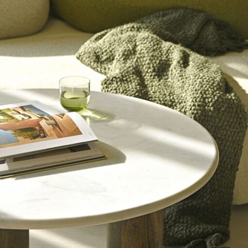 COFFEE TABLE round, white natural marble top, mango wood base, designer-1