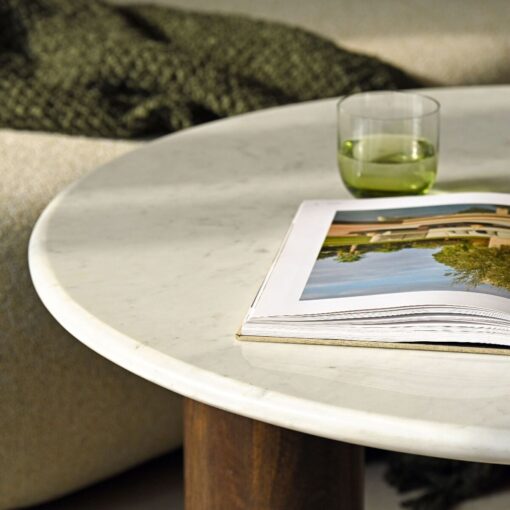 COFFEE TABLE round, white natural marble top, mango wood base, designer-2