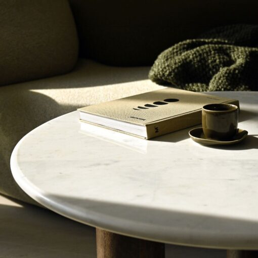 COFFEE TABLE round, white natural marble top, mango wood base, designer-4