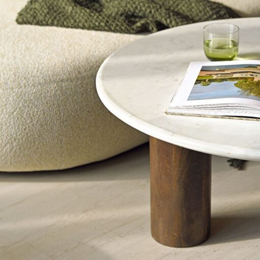 COFFEE TABLE round, white natural marble top, mango wood base, designer-5