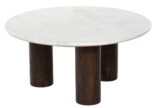 COFFEE TABLE round, white natural marble top, mango wood base, designer