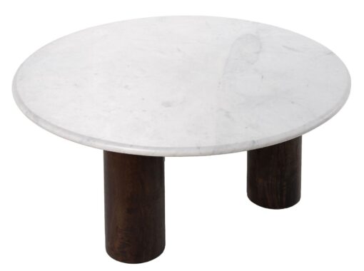 COFFEE TABLE round, white natural marble top, mango wood base, designer, for living room