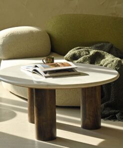 COFFEE TABLE round, white natural marble top, mango wood base, designer, modern