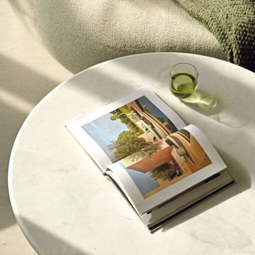 COFFEE TABLE round, white natural marble top, mango wood base, designer, premium