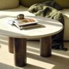 COFFEE TABLE round, white natural marble top, mango wood base, designer, stylish