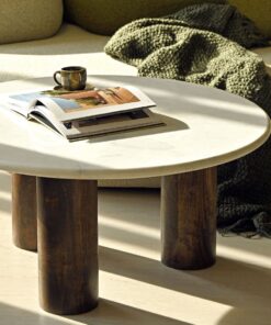 COFFEE TABLE round, white natural marble top, mango wood base, designer, stylish