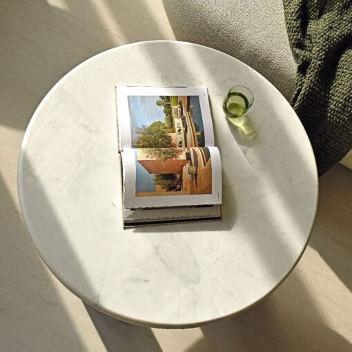 COFFEE TABLE round, white natural marble top, mango wood base, designer, sophisticated