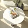 COFFEE TABLE round, white natural marble top, mango wood base, designer, durable