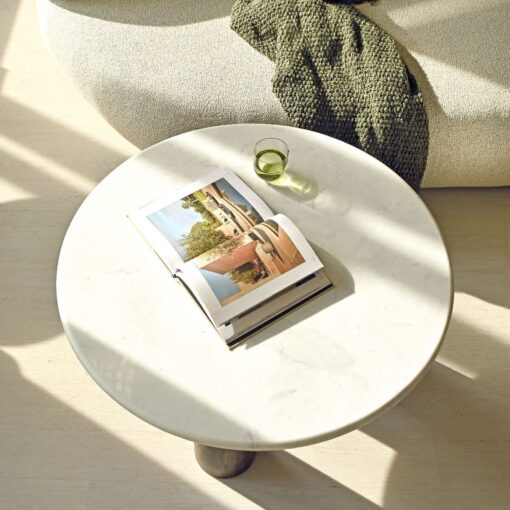 COFFEE TABLE round, white natural marble top, mango wood base, designer, durable